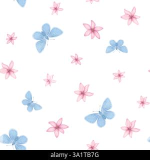 Blaue Schmetterlinge und kleine rosa Blumen nahtlos Muster. Zarte handgezeichnete Illustration im Aquarellstil. Niedlicher Hintergrund zum Drucken, Textil Stockfoto