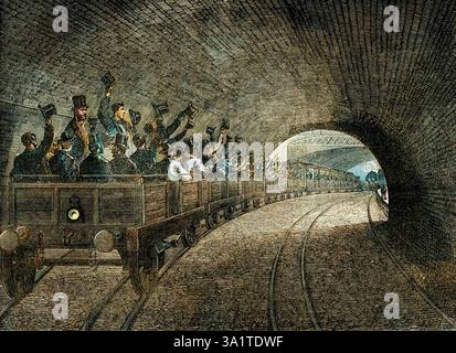 Probefahrt mit der U-Bahn, 1863, (c1876). Die Arbeiten an der ersten U-Bahn der Welt begannen 1860 von der Metropolitan Railway unter dem Chefingenieur John Fowler, ein 5 km langer Tunnel führte von Paddington zur Farringdon Street. Aus Old and New London: A Narrative of its History, its people and its Places. The Western and Northern Studies“ von Edward Walford. [Cassell, Petter, Galpin &amp; Co., London, Paris &amp; New York]. (Farbiger Schwarzweiß-Druck). Stockfoto