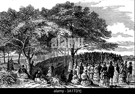 Surrey Archaeological Society: Caesar's Camp, Wimbledon, [Südwest London], 1873. "Die Gesellschaft besuchte die Überreste einer alten militärischen Intrenchment auf Wimbledon-common... und es war neugierig zu beobachten, dass das Lager unserer modernen Freiwilligen Schützlinge in Sicht und in Kenntnis dieser alten vorübergehenden Festung eines kriegerischen Heeres war, die dort vor vielleicht zweitausend Jahren versammelt wurde. Mr. W. H. Peek... hat in den vergangenen drei oder vier Jahren lobenswerte Anstrengungen unternommen, um die Erhaltung des "Cäsar's Camp" zu sichern Godwin-Austin las eine Zeitung, in der alles über das Lager erklärt wurde Stockfoto