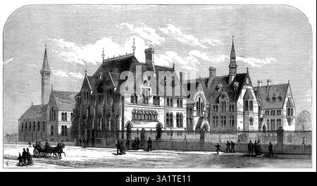 New Owens College, Manchester, 1873. Ein Teil der neuen Gebäude in Greenheys, Oxford-Road, Manchester, für die Unterkunft dieses College, das vor mehr als zwanzig Jahren durch das Erbe des verstorbenen Mr. John Owens gegründet wurde, wurde fertiggestellt und eröffnet. Der Architekt ist Mr. Waterhouse... die neuen Gebäude Kosten mehr als 100.000, und besondere Aufmerksamkeit wurde dem Bau des Chemielabors geschenkt, was im Vergleich zu den großen Regierungslabors in Deutschland günstig ist." Aus Illustrated London News, 1873. Stockfoto