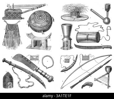 Ashantee-Geräte, 1873. Artefakte aus Westafrika. "A. Sanko, Musikinstrument. B. Kissen. C. Ashantee Minister's State Bag. D. Fantee Hocker, aus einem massiven Block Baumwollholz geschnitten. E, F. war Greegrees oder Charms, hergestellt aus Leder und Stroh. G. Messer des Amtes, für Menschenopfer verwendet: Die Klinge ist aus Eisen mit vier Messingglocken, der Griff aus Holz, gebunden und mit Messing verziert. H. Heimatschwert. I. Kroo Boy's Pipe: Die Schüssel ist aus Ton, verbunden mit einem Kürbis durch Schilfrohr und Rohr für Stiel. J.Native Chief's Hut, aus Strohhalm, mit Gras auf der Spitze. K. Kriegstrommel und Stockfoto