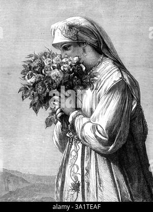 „Les Roses“. Von Portaels, 1873. Gravur eines Gemäldes. In diesem anmutigen Bild eines belgischen Künstlers sind wir eingeladen, die einfache und unschuldige Selbstüberstellung einer östlichen Jungfrau zu bewundern, die dem herrlichen Sinn des floralen Duftes entspricht. Der Geist von Lalla Rookh, oder wer auch immer sie sein mag, ist im Moment in den Genuss eines süßen natürlichen Parfums vertieft, das, wie üblich, dazu führen kann, zärtliche Erinnerungen wiederzubeleben und die klarsten Assoziationen früherer Jugendlicher aufzurufen. Also denken wir zumindest an den schmelzenden Ausdruck ihres großen blauen Auges. Eine sensible weibliche Natur ist wie t Stockfoto