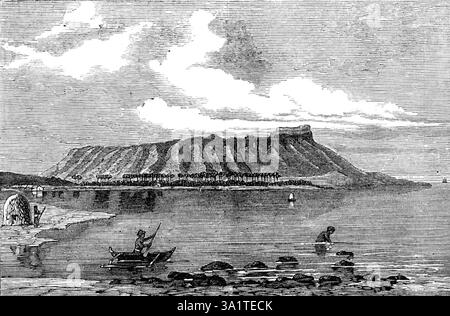 Diamond Head, Sandwichinseln, [Hawaii], 1873. Gravur aus einer Skizze von Mr. G. W. Robertson von Diamond Head, einem erloschenen Vulkan, der ins Meer ragt, etwa 6 Meilen östlich von Honolulu. Sie bildet ein Wahrzeichen, das man, nachdem man es einmal gesehen hatte, nie vergessen konnte. Obwohl es jetzt keine aktiven Krater auf der Insel Oahu gibt, haben die Eingeborenen Traditionen darüber, wie dieser Diamantkopf ausgestorben ist; und ahi, ein Teil seines einheimischen Namens Leahi, bedeutet Feuer. Der Kokosnusshain im Vordergrund umfasst das Meeresbadedorf Waikiki, in dem der König und viele der Vorfahren leben Stockfoto