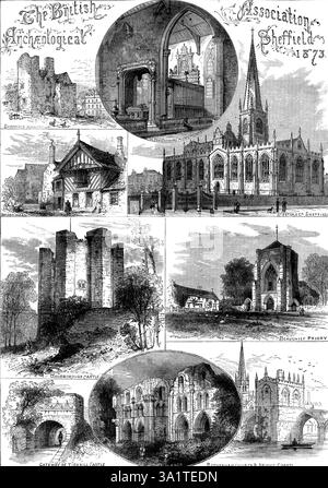 Die British Archaeological Association, Sheffield, 1873. "...die Pfarrkirche St. Peter... ist ein ziemlich prächtiges Gebäude mit einem hohen Turm und einem gehäkelten Turm... die Shrewsbury Chapel... wurde in der Regierungszeit von Heinrich VIII. Vom vierten Earl of Shrewsbury erbaut... sein Denkmal hier ist ein Altarbaugrab mit Bildnissen in Alabaster von sich selbst und seinen beiden Gräfin... die Ruinen des alten Herrenhauses... das nächste Mal besucht wurde, nicht weit außerhalb der Stadt entfernt Stockfoto