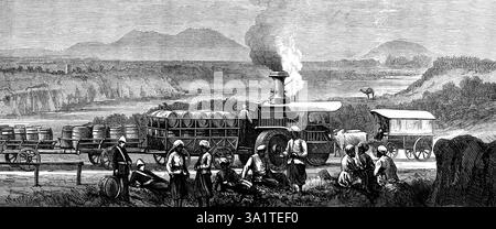 Indian Frontier Sketches: Traktionsmotor an der Grand Trunk Road, nahe Lawrencepore, 1873. Gravur aus einer Skizze '... von einem Marineoffizier - Lieutenant Francis Ingram Palmer - der das Lager besuchte... der Übung für die [britische] indische Armee, die Anfang dieses Jahres unter der persönlichen Aufsicht von Lord Napier of Magdala, dem Oberbefehlshaber, stattfand... die speziellen Themen unserer Abbildungen sind nur zwei oder drei Szenen und Zwischenfälle im Lager und um das Lager herum. Eine davon ist die Erscheinung eines Dampfelefanten, wie wir das Monster eines Traktionsmotors nennen könnten, der eine Last von zieht Stockfoto