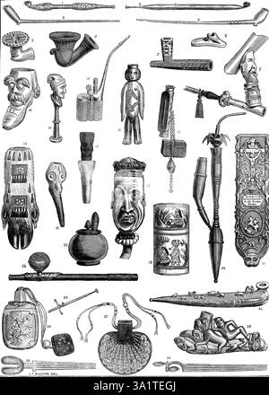 Antike und kuriose Tabakpfeifen, aus der Internationalen Ausstellung in South Kensington [in London], 1873. Eine "wertvollste Sammlung", die fast vollständig von Mr. W. Bragge beigesteuert wurde. 1, 2. Japanische Tabakpfeifen (Metall). 3, 4. Alte englische Lehm. 5. Die Pfeife eines Einheimischen, Afrika. 6. Schwarzer Stein vom oberen Nil. 7. Dunkelroter Ton, eingelegt mit Blei, Vancouver Island. 8. Fragment einer der frühesten bekannten Pfeifen aus indischen Grabhügeln in Nordamerika; stellt den hinderlichen Teil eines Vogels dar. L 3/3 vom Pfeifenschale, altdeutsch. 10. Moderner französischer Ton, der Kopf des Mannes im Stiefel. 11. Bronze-Tabak-Stopfen, alt Stockfoto