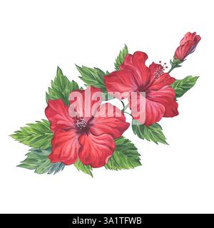 Aquarellzusammensetzung des Hibiskuszweigs mit roten Blüten und grünen Blättern Stockfoto