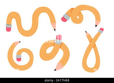 Verdrehter, gekrümmter Comic-Bleistift, der skizzenhaft kritzelnd ist. Linie Hand gezeichnet einfacher Bleistift. Flippiges flexibles Schulmaterial. Trendiges Schreibwerkzeug. Vektorabbildung Stock Vektor