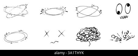 Schwindeleffekt, Kopfschmerzen, krankes Zeichnen-Doodle-Comic-Set. Schwindelgesichter, Stars über dem Kopf, Emotionen, verrückte handgezeichnete Linien-Kollektion. Vektorabbildung Stock Vektor