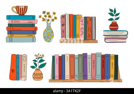 Bücher stapeln sich im Regal. Bücherregale, Hausbibliothek. Stock Vektor