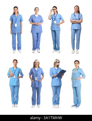 Medizinische Krankenschwestern in Uniformen auf weißem Hintergrund, Set Stockfoto