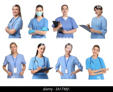 Medizinische Krankenschwestern in Uniformen auf weißem Hintergrund, Set Stockfoto