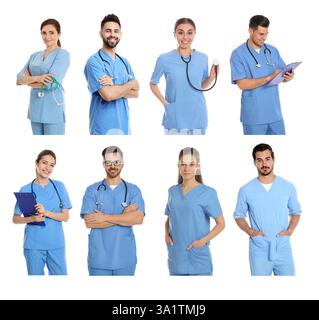 Medizinische Krankenschwestern in Uniformen auf weißem Hintergrund, Set Stockfoto