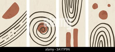 Boho-Poster-Set mit strukturierter Struktur. Innenwand mit abstraktem Japandi-Bogen. Vektorgeometrie und organische Formen und Kurvenlinien vertikaler Hintergrund Zen aesth Stock Vektor