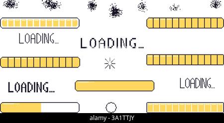 Schnittstelle zum Laden von Pixelbildern. 8-Bit-Taste für den Fortschritt des Spiels, Elemente Set und Text. Verschiedene Wartezeichen im Retro-Stil der 80er Jahre. Vektordarstellung iso Stock Vektor
