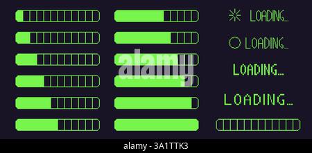 Pixel Art Retro-Schnittstelle für Ladebalken. 8 Bit Progress Button Elemente Set und Text. Grüne Warnschilder im Retro-Stil der 80er Jahre. Vektor olle Stock Vektor