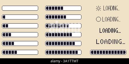 Pixel Art Retro-Schnittstelle für Ladebalken. 8 Bit Progress Button Elemente Set und Text. Spielwarteschilder im Retro-Stil der 80er Jahre. Vektorabbildung. Stock Vektor