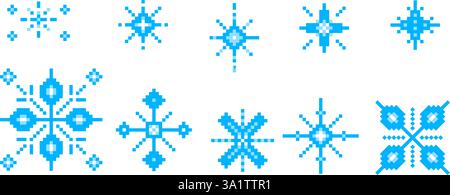 Pixel Art Schneeflocken. 8-Bit-Funkeln. Winterdekoration im Retro-Stil der 90er Jahre. Abbildung des Vektorsatzes. Stock Vektor