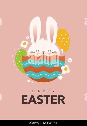 Lustiger Hase in einem Osterei. Niedliches und minimalistisches modernes Design für eine Osterpostkarte. Weiche Pastellfarben, glatte Formen. Vektorgrafik. Stock Vektor