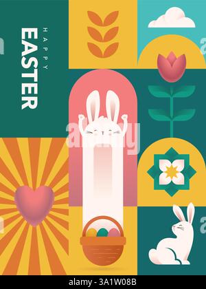 Minimalistische Vorlage für Osterpostkarten oder Poster. Traditionelle Symbole in moderner geometrischer Komposition. Bauhaus und Schweizer Stil. Weiche Pastellfarben, glatte Formen. Vektorgrafik. Stock Vektor
