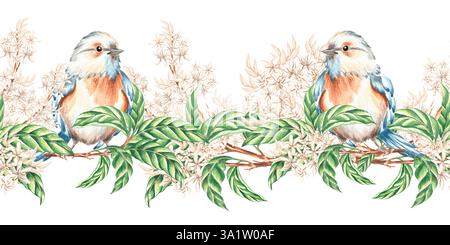 Vogel und weiße Blüten auf Zweigen mit grünen Blättern. Nahtloser Rand. Handgezeichnete Aquarellillustration isoliert. Rahmen mit Blumenmuster für den Sommer. Frühlingsblüte Stockfoto