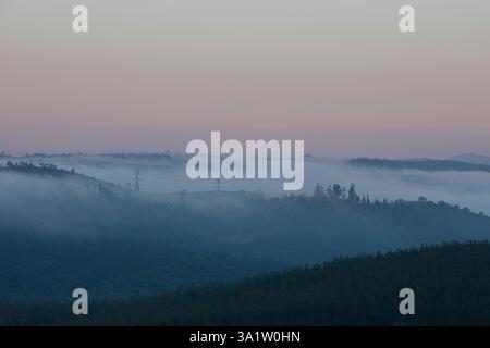 Wunderschöner Morgennebel in der Region Alto Alentejo, Portugal Stockfoto