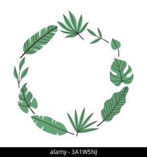 Einfache tropische Blätter, kreisförmiger Rahmen. Helle Illustration für Karte, Einladungskarte für Hochzeit, Geburtstag und anderen Feiertag Stock Vektor
