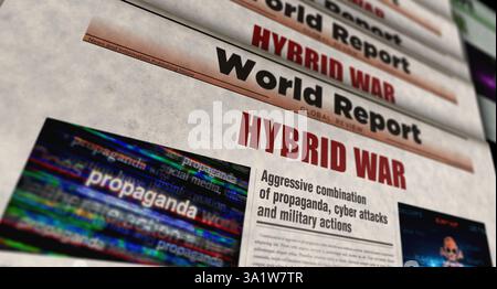 Hybride Kriegsangriffe und Cyber Warfare Vintage News und Zeitungsdruck. Abstraktes Konzept Retro-Schlagzeilen 3D-Illustration. Stockfoto