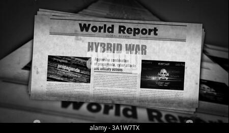 Hybride Kriegsangriffe und Cyber Warfare Vintage News und Zeitungsdruck. Abstraktes Konzept Retro-Schlagzeilen 3D-Illustration. Stockfoto