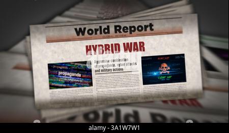 Hybride Kriegsangriffe und Cyber Warfare Vintage News und Zeitungsdruck. Abstraktes Konzept Retro-Schlagzeilen 3D-Illustration. Stockfoto