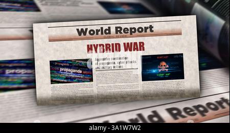 Hybride Kriegsangriffe und Cyber Warfare Vintage News und Zeitungsdruck. Abstraktes Konzept Retro-Schlagzeilen 3D-Illustration. Stockfoto