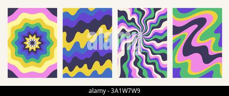 Abstraktes psychedelisches Retro-Neonmuster-Set. Groovige Hintergründe in lebendigen Farben. Trendige, flippige Vektortexturen im abstrakten y2k-Stil. Vektorgrafik Stock Vektor