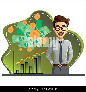 Erfolgreicher Geschäftsmann mit wachsenden Gewinnen, der finanziellen Erfolg feiert, wenn das Geld herunterregnet und das Balkendiagramm steigt. Stock Vektor