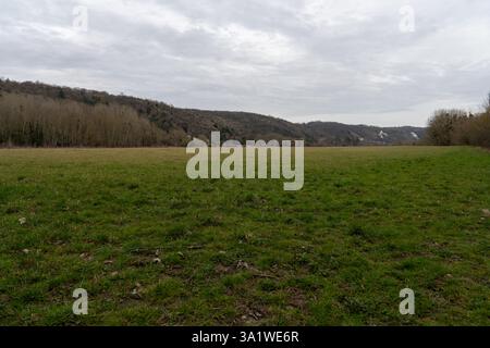 Weitläufige grüne Felder erstrecken sich unter einem stimmungsvollen Himmel in La Roche-Guyon und laden zur Erkundung und Reflexion im französischen Stadtteil Pontoise ein Stockfoto