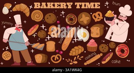Bäckerei-Figuren. Brotbäcker, kochen in leckeren Retro-Süßwaren. Süßer Keks, Kuchen im Croissant Shop. Hausgemachtes Baguette und Gebäck. Vektorkritzelei p Stock Vektor