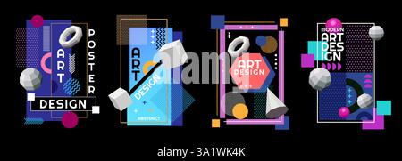 Abstrakte Designelemente. Grafisches Logo-, Banner- oder Formlayout, moderner Hintergrund oder Cover in 3D-Collage. Geometrische Figuren isoliert auf buntem Hochglanz b Stock Vektor