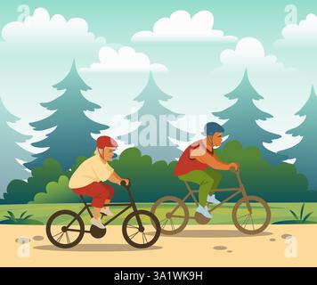 Glückliche Radfahrer in der Natur. Seniorenfamilie reitet gemeinsam im Stadtpark. Radtouren-Großeltern. Ältere Menschen aktive Freizeit. Outdoor-Sport. Radweg. Gr Stock Vektor