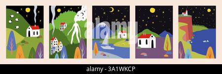Waldhintergrund. Abstraktes Poster mit Landhaus. Handgezeichnete Berglandschaft. Nächtlicher Sternenhimmel. Dorflandschaft. Bauernhof auf Hügeln. Naturpfanne Stock Vektor