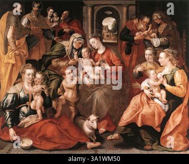 VOS, Marten de (* 1532, Antwerpen, d. 1603, Antwerpen) die Familie St. Anne 1585 Öl auf Tafel, 155,3 x 170 cm Museum voor Schone Kunsten, Gent das Gemälde ist ein klassisches Beispiel für den italienischen Einfluss auf die Antwerpener Malerei im 16. Jahrhundert und veranschaulicht die Säkularisierung der religiösen Malerei am Vorabend des Barocks. Was dieses Werk so interessant macht, ist nicht so sehr seine Gesamtwirkung, sondern die raffinierte Behandlung der einzelnen Figuren und die realistische Darstellung der verschiedenen Objekte. Das Gemälde ist in der oberen Mitte des Fries des Säulengangs signiert und datiert: Stockfoto