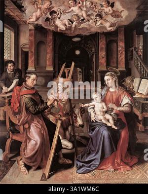 VOS, Marten de (* 1532, Antwerpen, d. 1603, Antwerpen) St. Lukas Gemälde die Jungfrau Maria 1602 Öl auf Tafel, 270 x 217 cm Koninklijk Museum voor Schone Kunsten, Antwerpen Maarten de Vos, der die Brüderschaft der Romanisten in Antwerpen gründete, war Frans Floris bester Schüler und Nachfolger. Seine Werke sind klare Vorläufer des Barocks aus dem 17. Jahrhundert. Das Gemälde der Heiligen Lukas ist ein spätes Werk von de Vos, der 1603 starb. Sein reichhaltiger und abwechslungsreicher Umgang mit Farben könnte auf die sechs Jahre zurückgeführt werden, die er in Florenz, Rom und Venedig verbrachte (wo er bei Tintoretto studierte); seine Gemälde sind kl Stockfoto