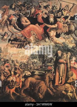 VOS, Marten de (* 1532, Antwerpen, d. 1603, Antwerpen) die Versuchung des Heiligen Antonius 1591-94 Öl auf Platte, 280 x 212 cm Koninklijk-Museum voor Schone Kunsten, Antwerpen diese charakteristische Schöpfung flämischer manieristischer Malerei war die Mitteltafel eines Triptychons und schmückte ursprünglich den St. Antonius-Altar der Kathedrale in Antwerpen. Im Hintergrund sehen wir mehrere Episoden aus dem Leben des hl. Antonius des Einsiedlers und des hl. Paulus, wie ihre wundersame Fütterung durch den Raben, ihr Gespräch mit einem Architekten über den Bau eines Klosters (das auch im cen sichtbar ist) Stockfoto