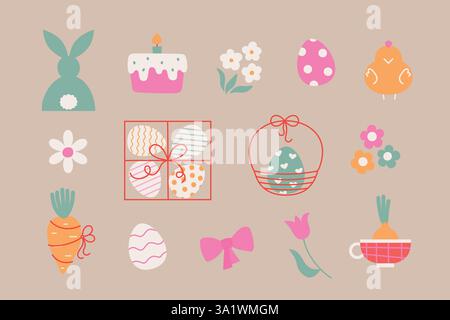 Einfache süße Osterelemente mit Karotten, Eiern, Tieren. Cartoon Vektor Ostern Illustrationen für Waren, Karte, Aufkleber, Dekoration. Stock Vektor