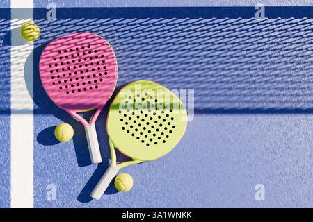 Farbenfrohe Paddel und Bälle auf einem blauen Platz, bereit für eine Partie Padel-Tennis. 3D-Rendering Stockfoto