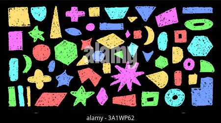 Satz abstrakter geometrischer Grundformen, gezeichnet mit bunten Pastellfarben oder Holzkohle. Handgezeichneter Rahmen für Farbziffer. Leere lebendige Farbsprache Stock Vektor