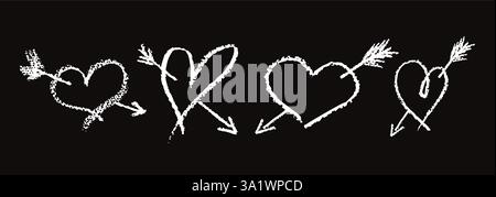 Set mit weißen Herzzeichen, gezeichnet mit Wachsstift. Liebessymbole im Doodle-Stil. Sammlung handgezeichneter Kinderherzen mit Pfeil in der Tasche. Valentinstag Stock Vektor