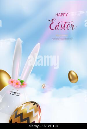 Osterplakat mit Keramikhase, Blumen, goldenen Eiern mit einem Muster verziert. Auf dem Hintergrund des Himmels. Ostergrüße und Geschenke. Osterangebot A Stock Vektor