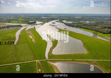 Luftaufnahme, Naturschutzgebiet Bislicher Insel Auenlandschaft, Alter Rhein, Bäume im Wasser- und Waldgebiet, Fernsicht, Ginderich, Wesel, Niedrig Stockfoto
