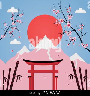 Eine wunderschöne Vektor-Illustration, die eine friedliche japanische Landschaft mit dem Fuji mit schneebedeckten Gipfeln, einem traditionellen roten Torii-Tor, darstellt. Stock Vektor