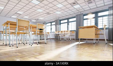 Leeres Klassenzimmer mit Holztischen und Stühlen 3D Hintergrund Stockfoto