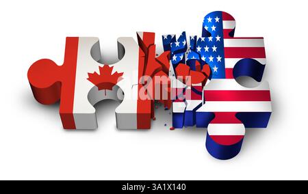 Kanada US-diplomatische Krise und nordamerikanische Spaltung und Handelskrieg oder nationale Uneinigkeit und Brüche in den kanadischen und amerikanischen Beziehungen als A Stockfoto
